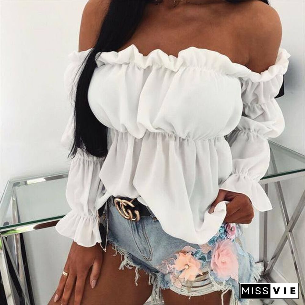 Elegant Women Off Shoulder Chiffon Blouse Fashion Solid Color Pleated Sexy Shirt New Womens Office Street Tops and Blouses