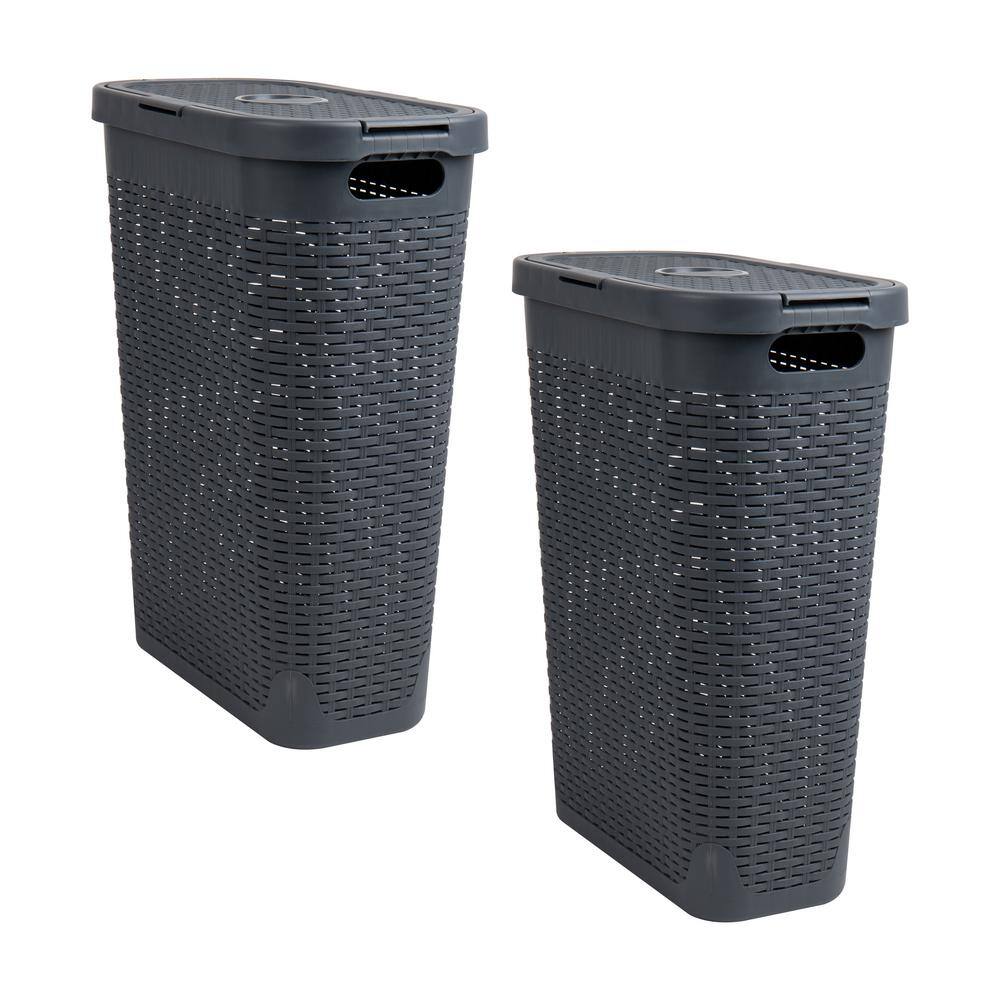 Mind Reader Basket Collection Slim Laundry Hamper 40 Liter Cut Out Handles Attached Hinged Lid Ventilated Set of 2 Gray 40HAMP2PK-GRY