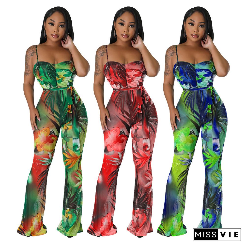 Sling Print Sexy Backless Flared Jumpsuit