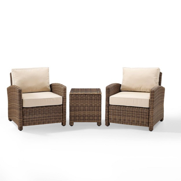 Bradenton 3pc Outdoor Wicker Seating Set With Two Chairs amp Side Table Sand Crosley