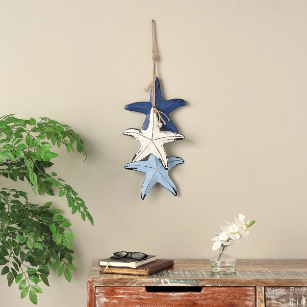 Wooden Starfish Distressed Layered Wall Decor With Hanging Rope And Decorative Shell Accents Blue Olivia amp May