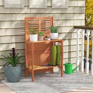 Costway 26.5 in. W x 44 in. H Natural Wood Potting Bench Waterproof Garden Table with 2-Tier Open Storage Shelf HCST00790