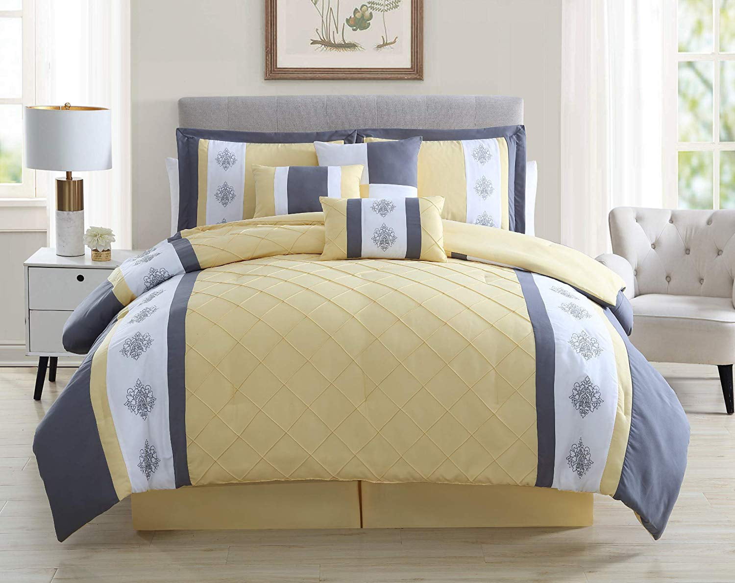 Chezmoi Collection Marion 7-Piece Medallion Embroidery Pintuck Comforter Set