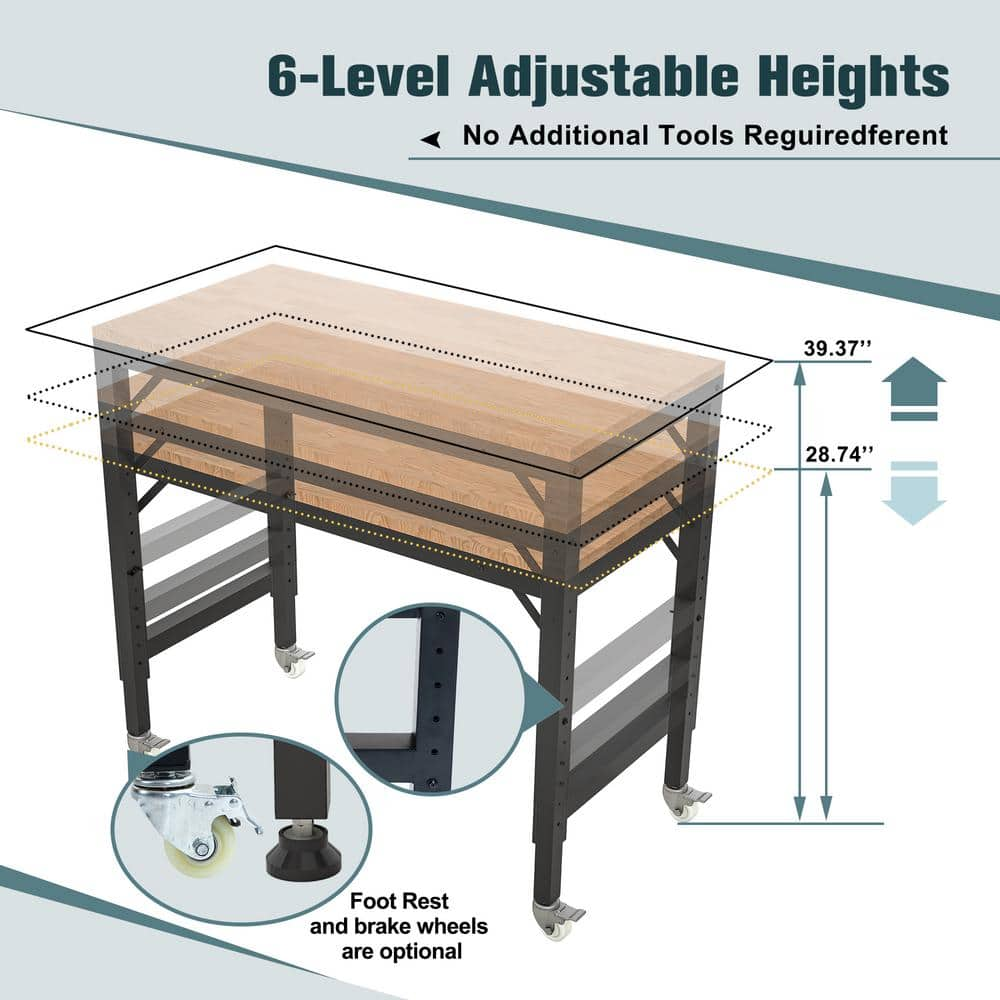 48 in. W Heavy-Duty Adjustable Workbench for Garage Rubber Wood Shop Table WRubber Pads with Wheels W1422P2-drqw