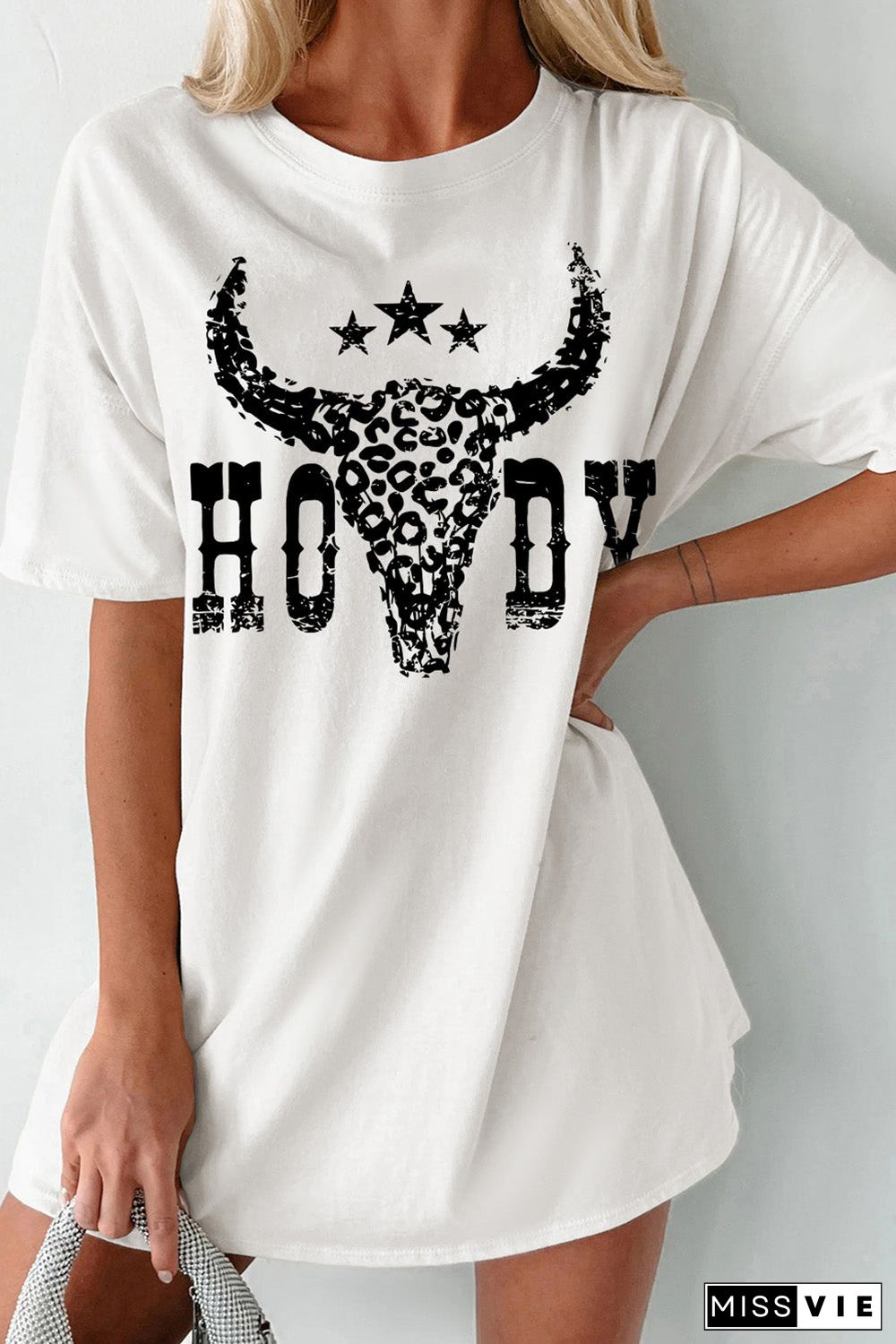 White HOWDY Cheetah Steer Head Print Oversized T Shirt