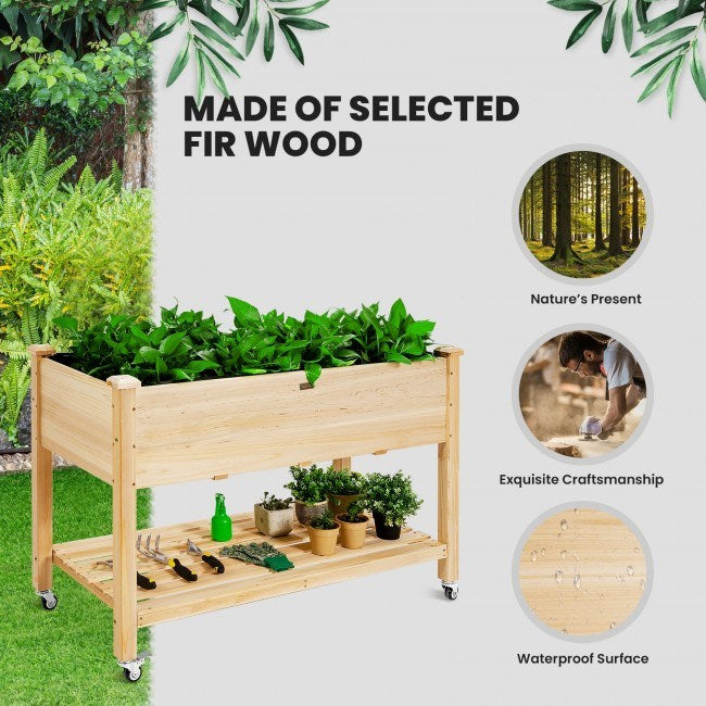 Beautops Wood Elevated Planter Bed with Lockable Wheels Shelf and Liner - Natural Wood