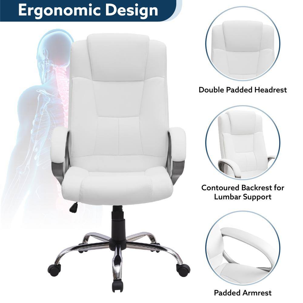 HOMESTOCK White High Back Executive Premium Faux Leather Office Chair with Back Support Armrest and Lumbar Support 99324