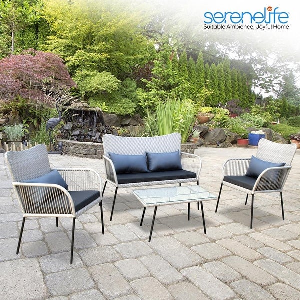 4 Pcs. Patio Outdoor Rattan Furniture Set-1 Double 2 Single Chairs， and 1 Table (Black) - Overstock - 37952300