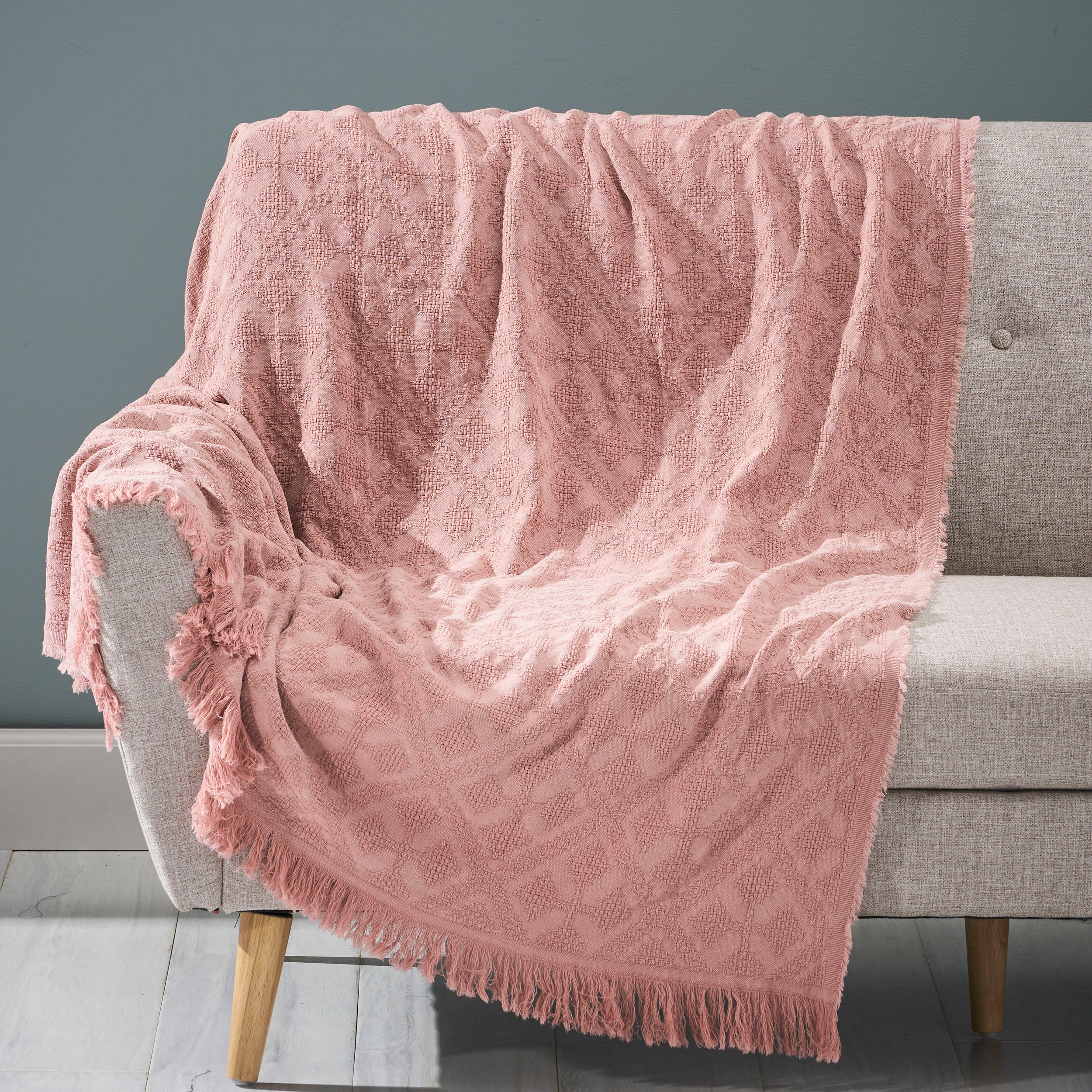 Fontana Contemporary Cotton Throw Blanket with Fringes, Dusty Pink