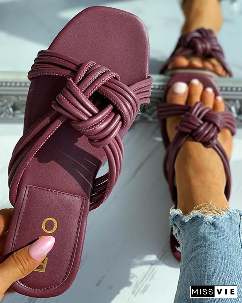 Braided Square Toe Flat Sandals