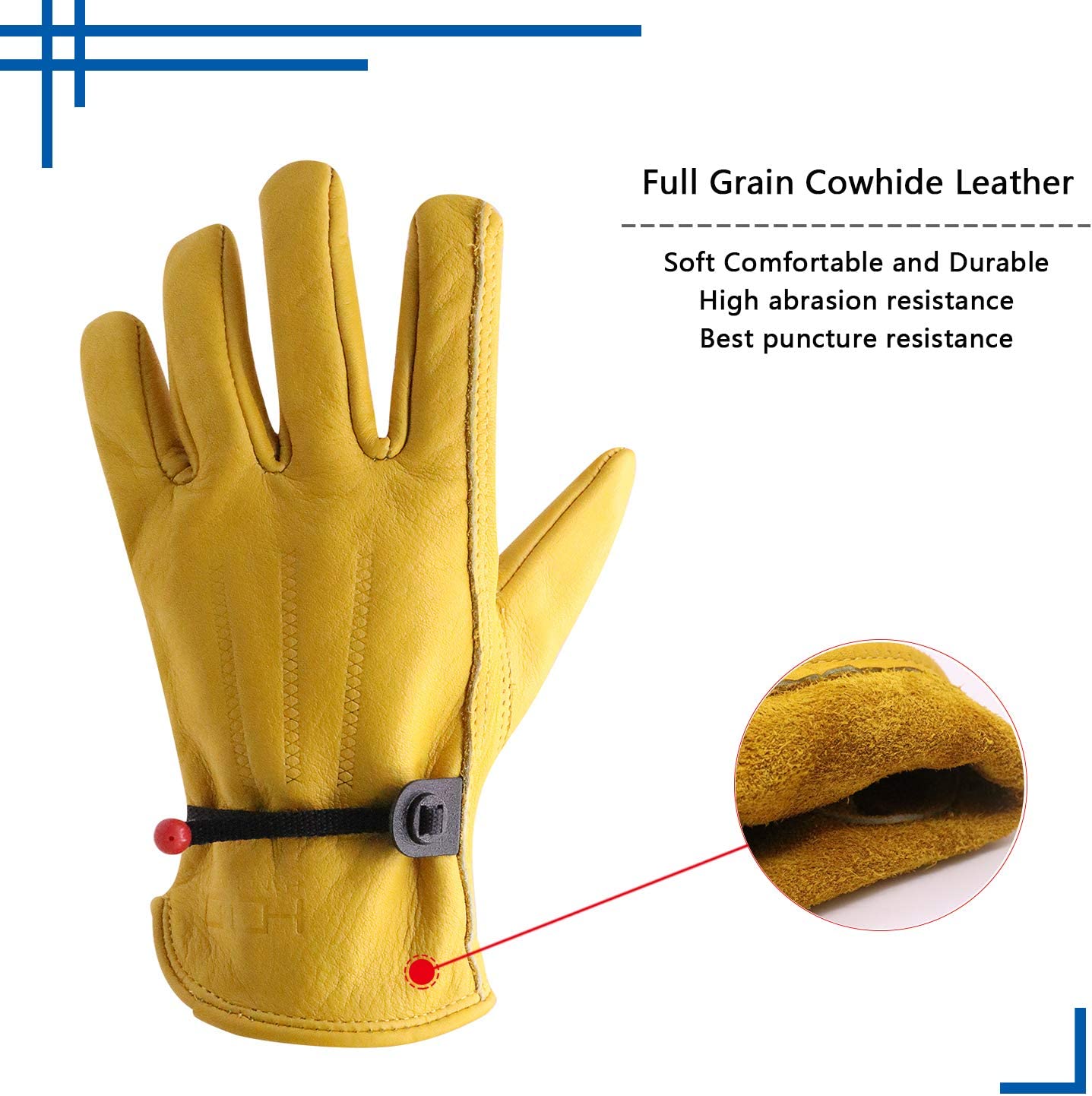 HANDLANDY 2 Pairs Cowhide Leather Work Gloves for Men Women,Adjustable Wrist, Puncture and Cut Resistant, Rigger Glove for Driver, Yardwork, Gardening (Medium, Yellow)