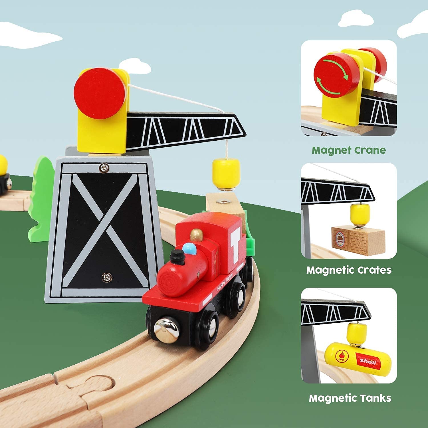 TOY Life Wooden Train Set 60pcs Toddler Boy Toys for 3 Year Old Boys - Wood Train Set with Crane Wood Train Tracks Toys Fits Thomas Brio Melisa Chugginton Train Track Set Wooden Railway Gifts for Boys