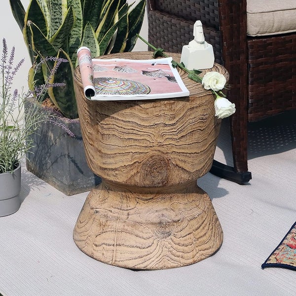 14.6 Inch Round Accent Table， Faux Wood Stump Stool， Patio End Table， Garden Stool， Plant Stand， Wood Grain Finish