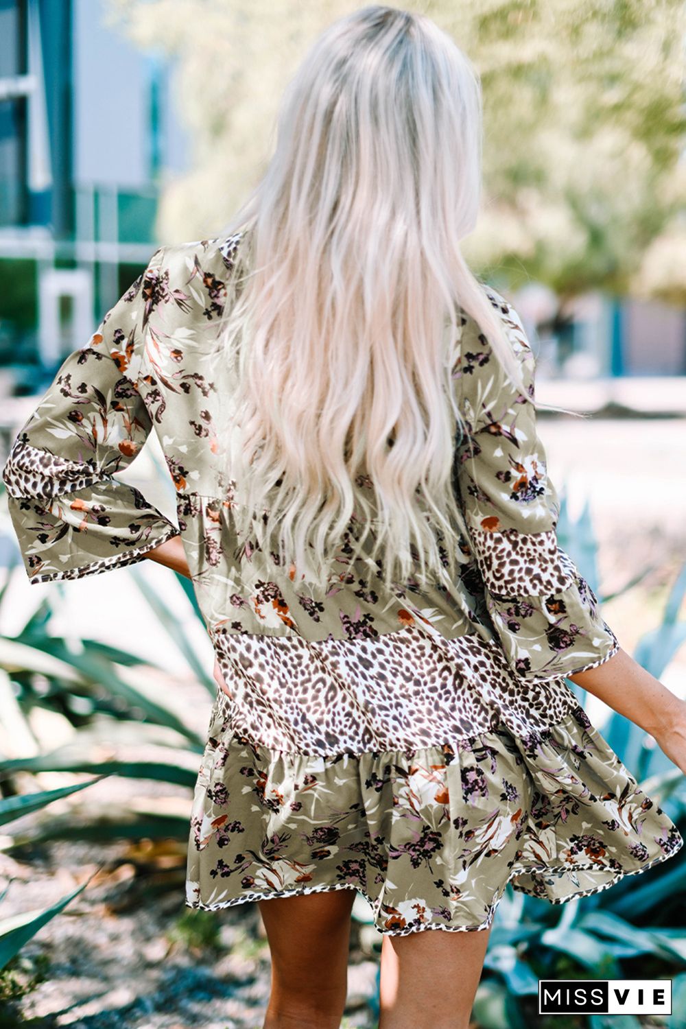 Khaki Floral Leopard Patchwork Print Bell Sleeve Dress