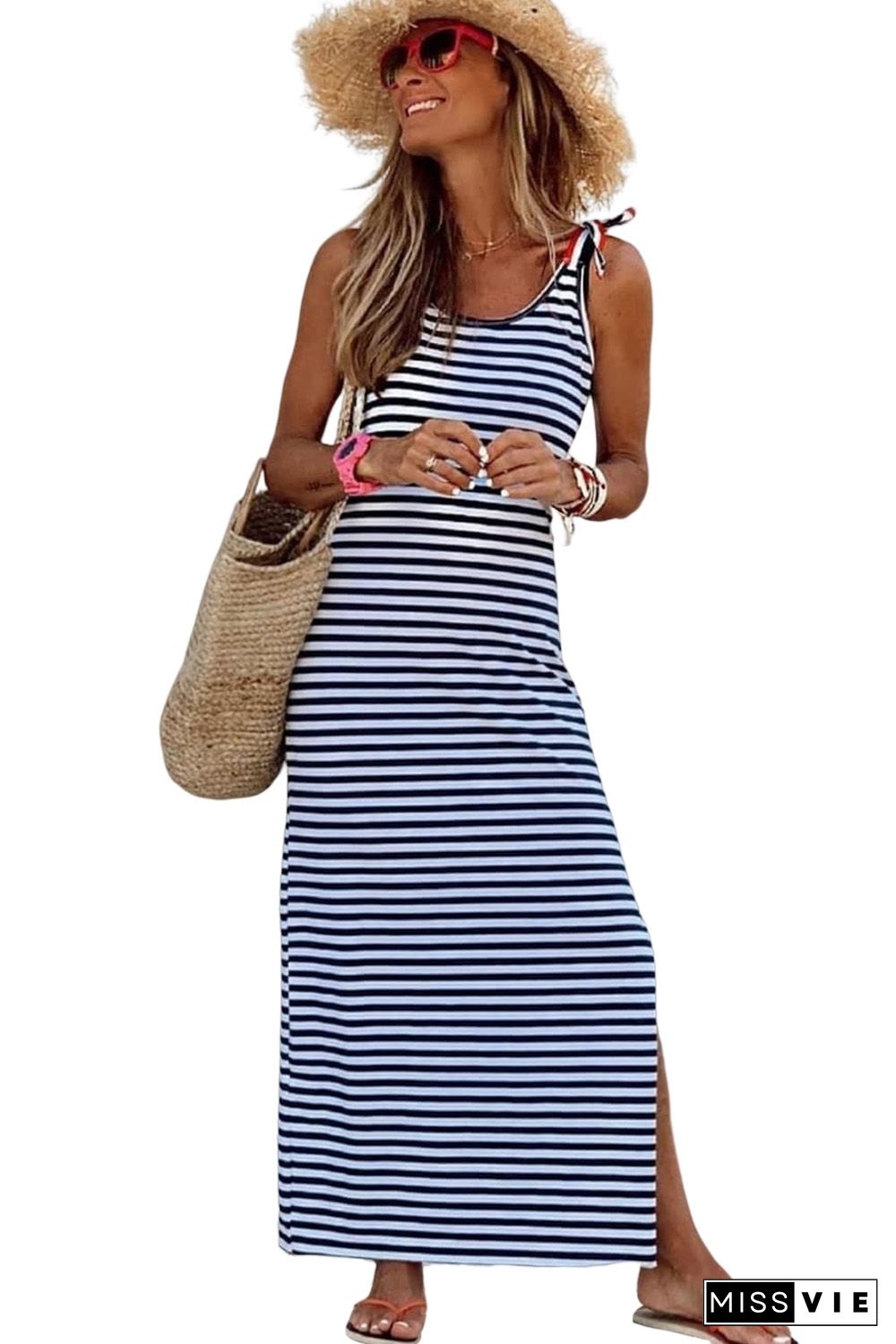 Blue Striped Print Lace-up Straps Sleeveless Maxi Dress with Slit