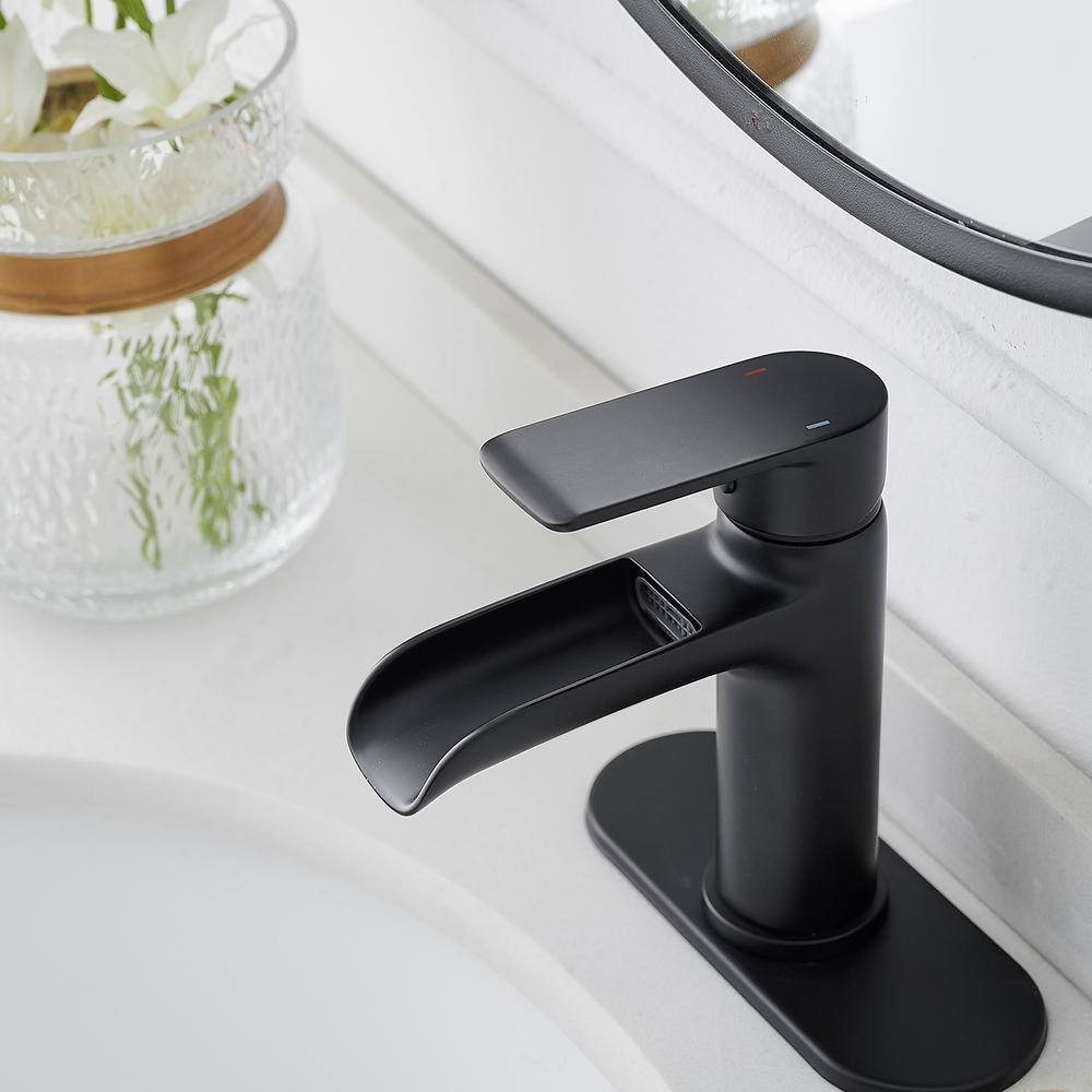 BWE Waterfall Single Handle Single Hole Modern Bathroom Faucet Bathroom Drip-Free Vanity Sink Faucet in Matte Black A-96071-B