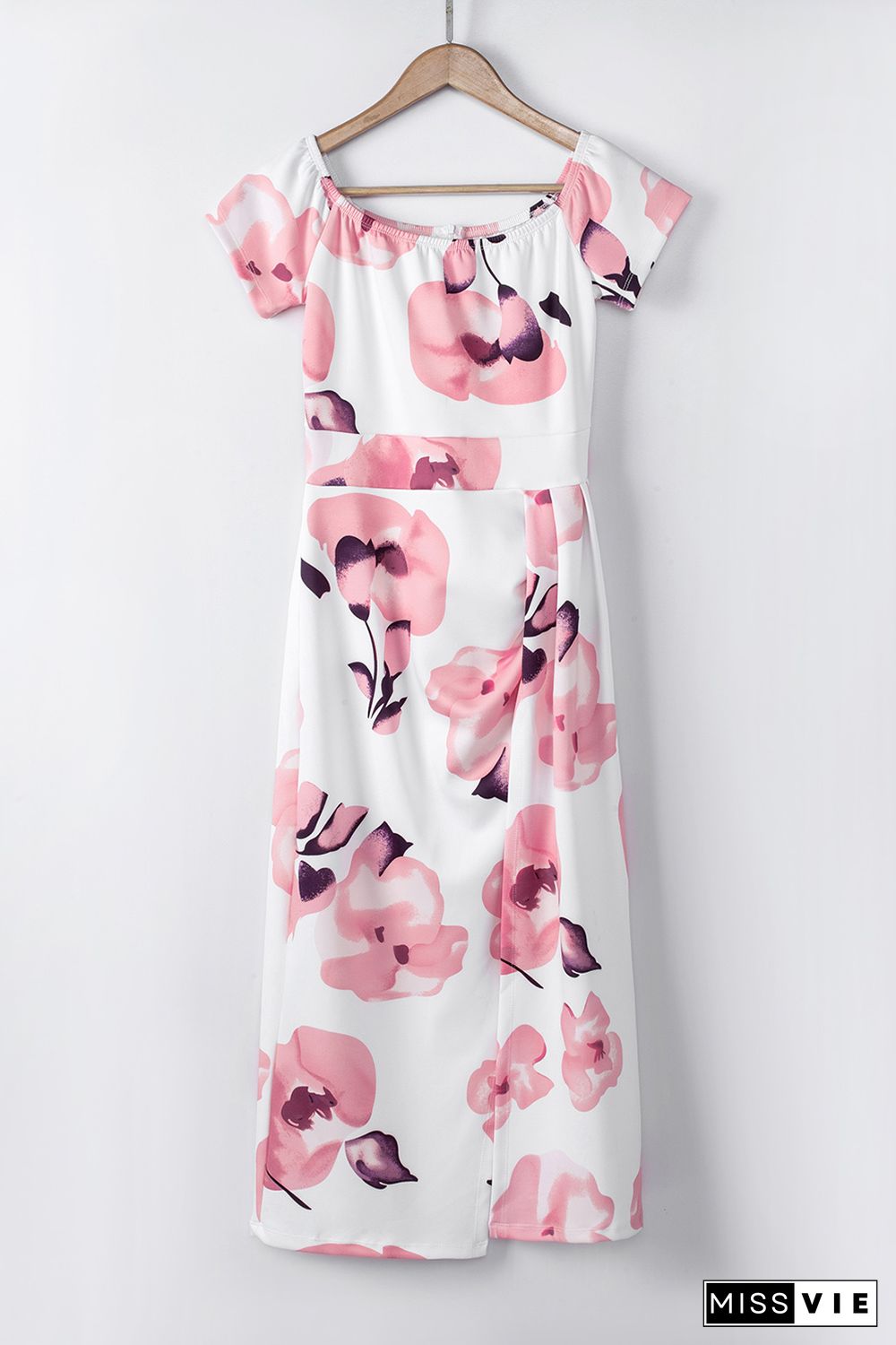 Pink Floral Print Off Shoulder Slit Bodycon Midi Dress