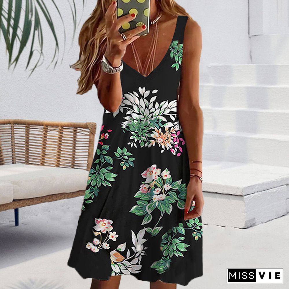 Casual V-neck Loose Flower Sleeveless Dress