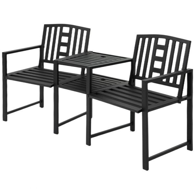 Outsunny Metal Garden Bench With Middle Table And Umbrella Hole 2 in 1 Double Patio Chairs Outdoor 2 person Tete a tete Slatted Black