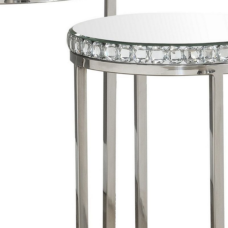 24 Inch Nesting Accent Tables， Mirrored Gemstone Trim， Set of 2， Silver