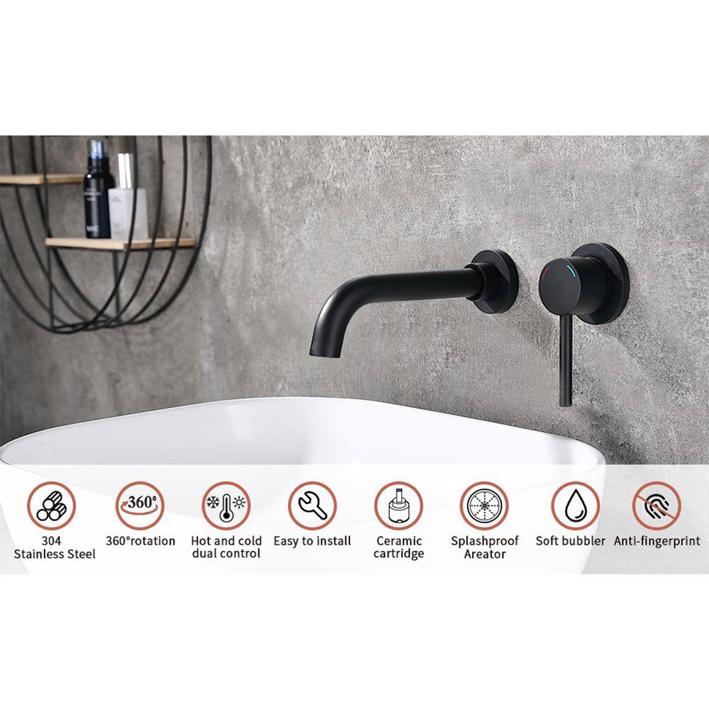 WELLFOR Single Handle Wall Mounted Faucet with 360-Degree Swivel Spout in Matte Black ZQM6001B