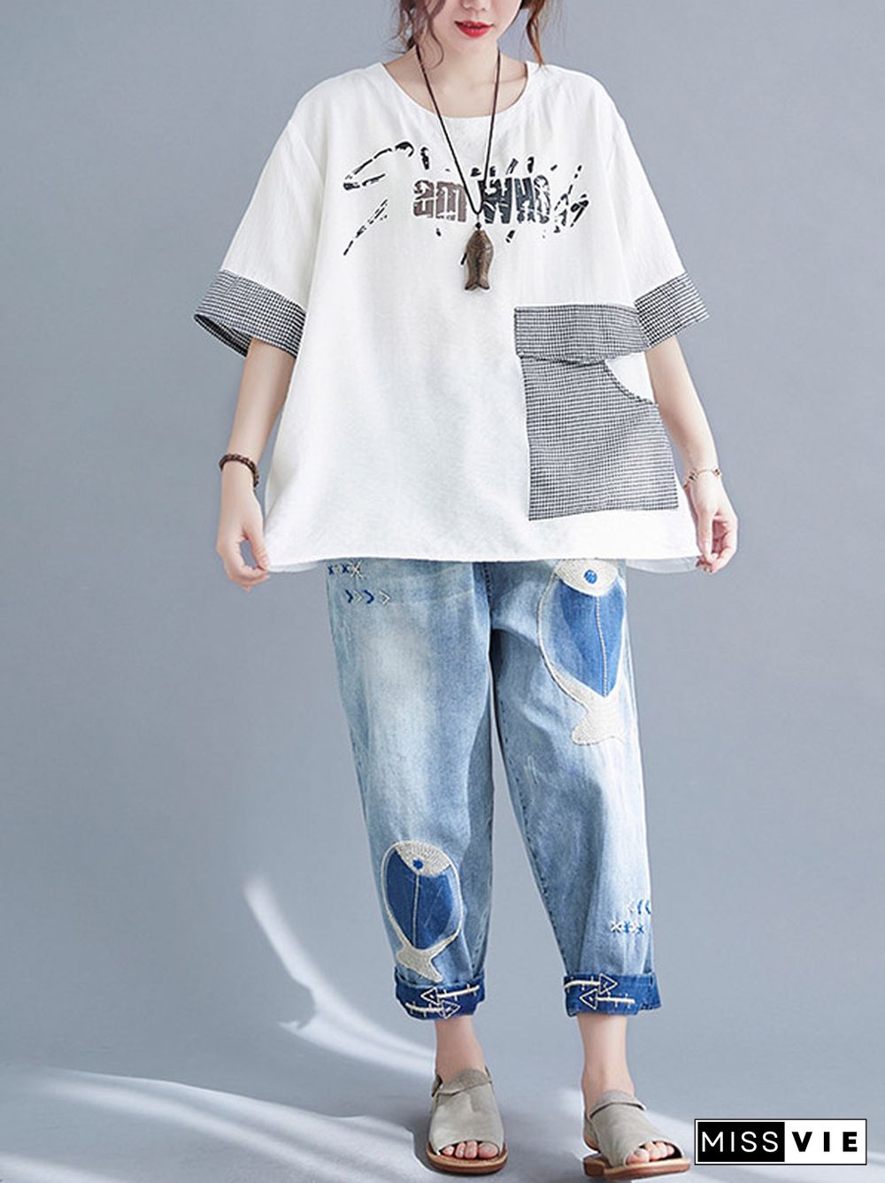 Original Letter Print Split-Joint Round-Neck T-Shirts Tops