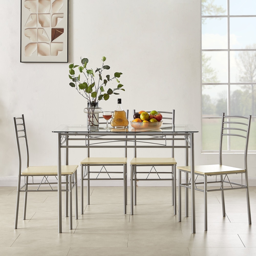 5 pieces Modern Dining Sets Tempered Glass Table Top and 4 PU Chairs