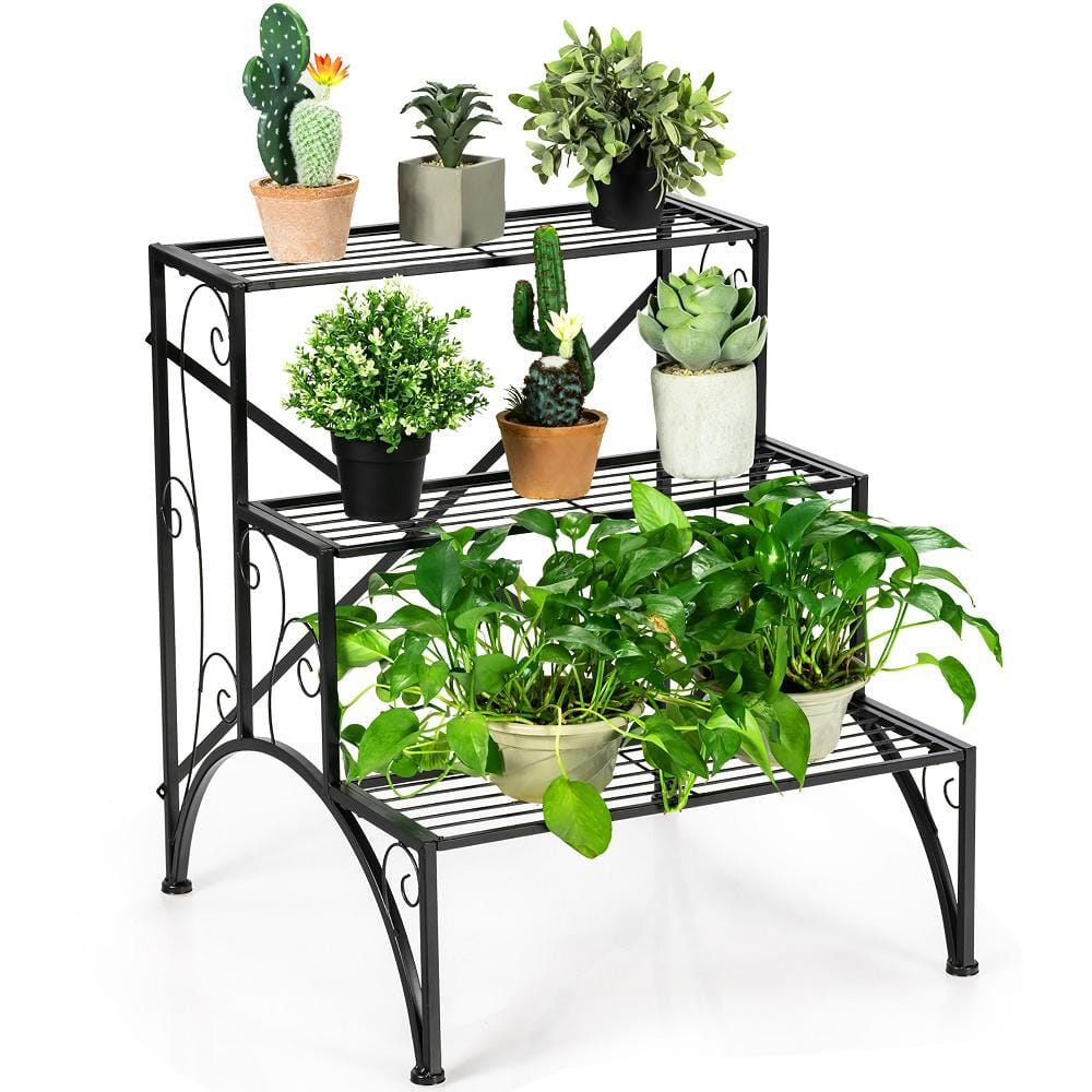 Costway Plant Rack Iron Plant Stand Garden Shelf Stair Style Decorative (3-Tier) HZ10027