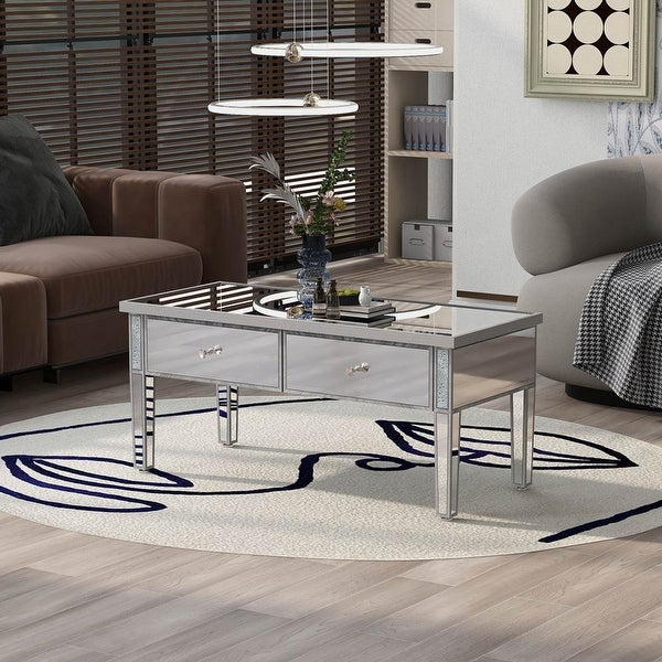 Modern Glass Mirrored Coffee Table with 2 Drawers， Cocktail Table with Crystal Handles and Adjustable Height Legs