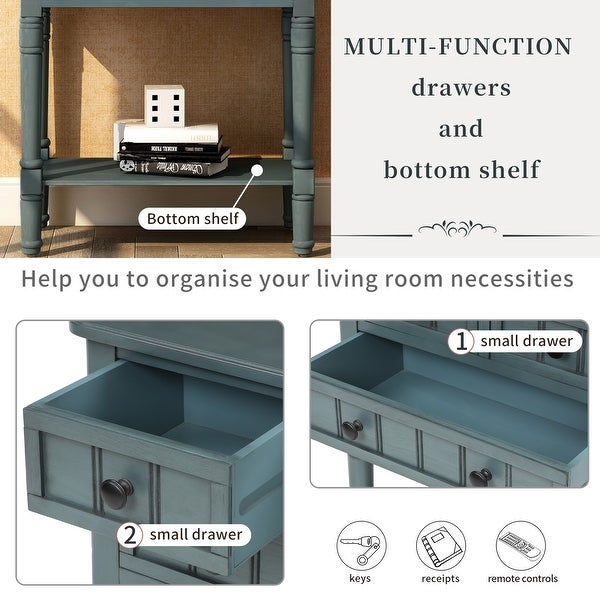 Narrow Console Table with 3 Storage Drawers and Black Round Deco Knobs， Slim Sofa Table with Bottom Shelf， Navy