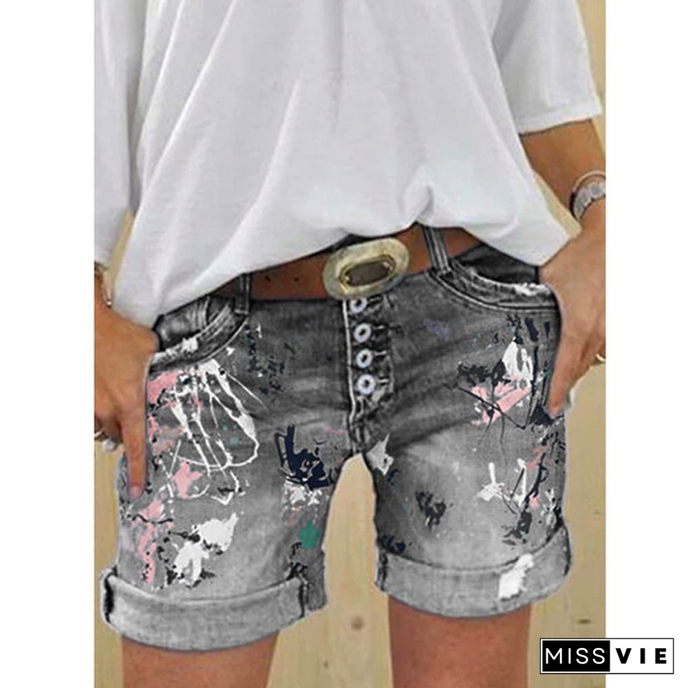 Brand New Plus Size Women's Denim Shorts Washed Printed Jeans Summer Denim Shorts