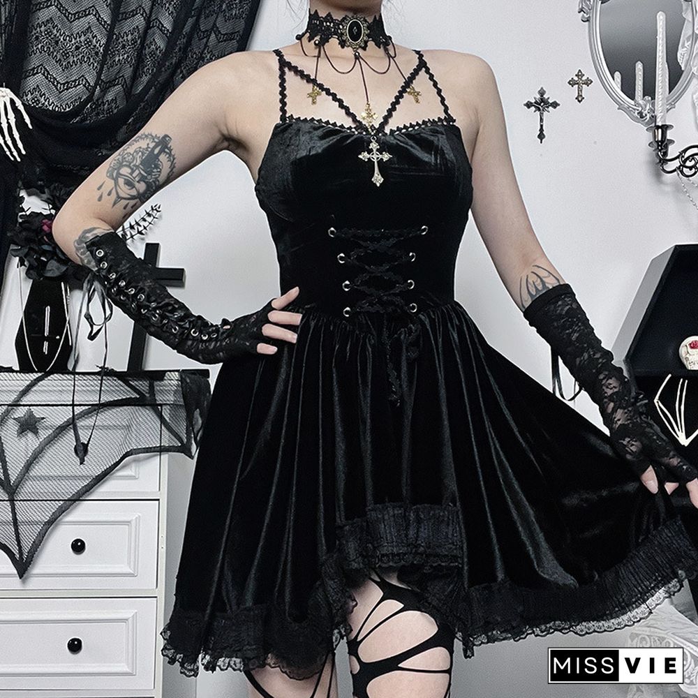 InsGoth Gothic Sexy Black V Neck Lace Up Dress Y2K Aesthetic Grunge Punk High Waist Lace Trim Corset Dresses Ladies Party Dress