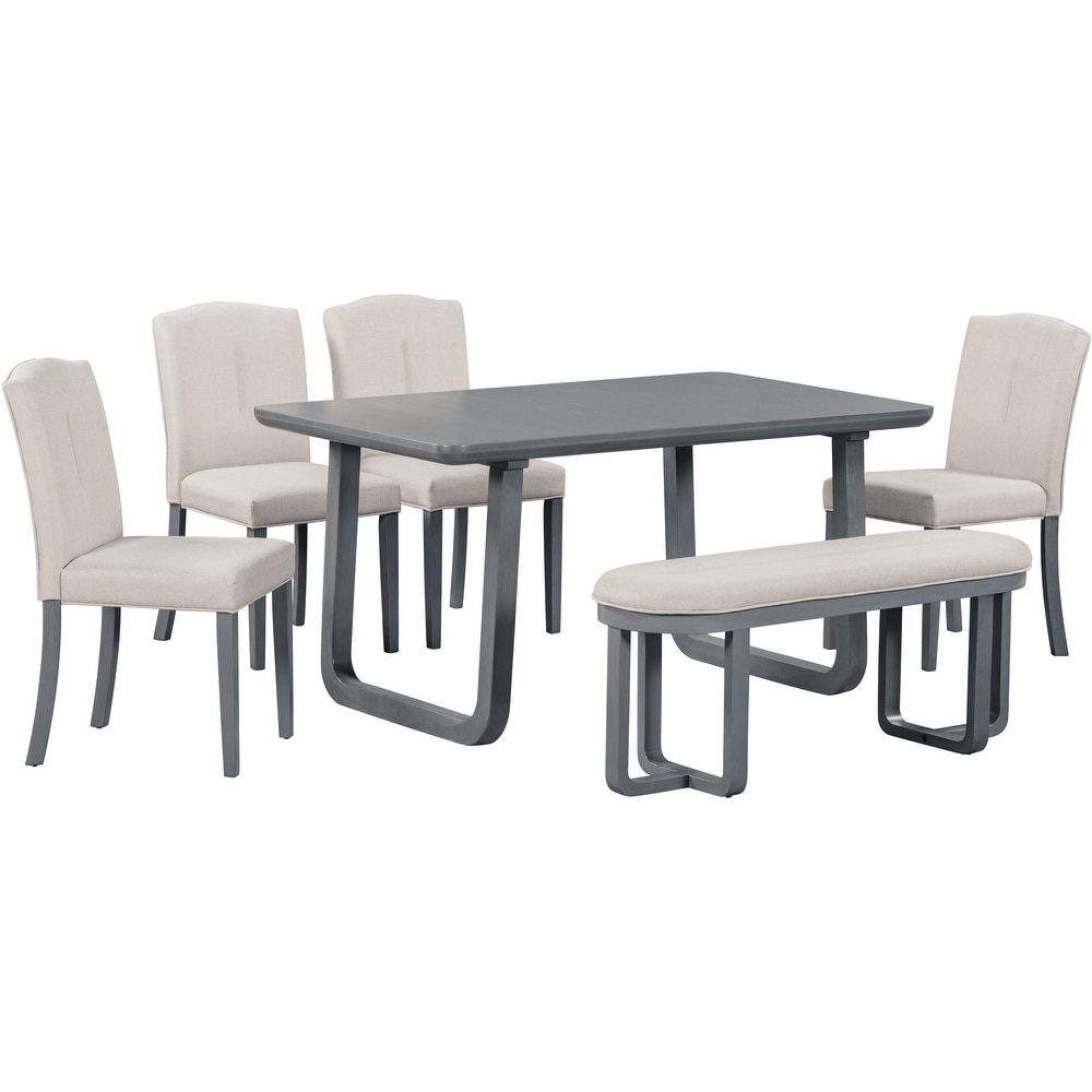 6 Piece Retro Style Dining Set Includes Dining Table 4 Upholstered Chairs   Bench with Foam covered Seat Backs   Cushions