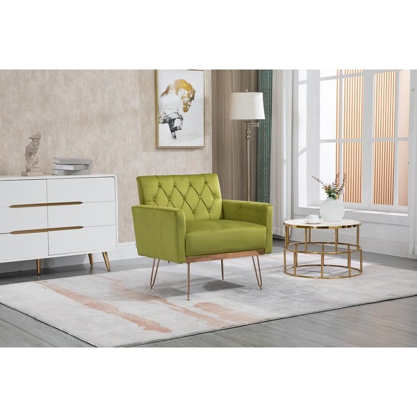 European Style Accent Chair， Velvet Upholstered Leisure Single Sofa with Rose Gold Feet for Living Room， Olive Green