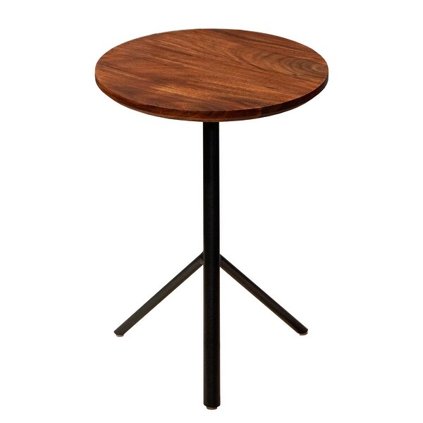 19 Inch Handcrafted Round Acacia Wood End Side Table， Sleek Tripod Metal Base， Walnut Brown， Black