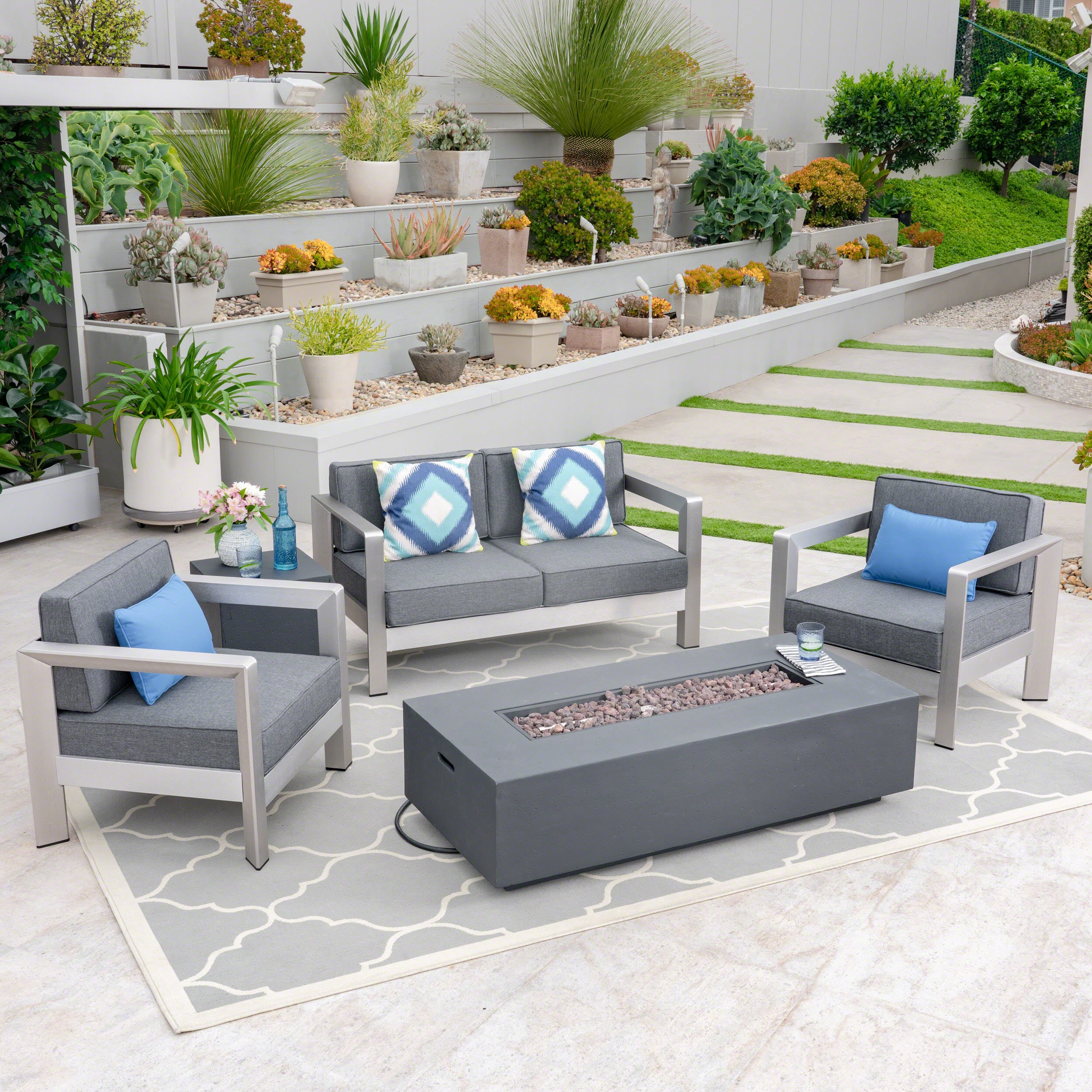 Booth Outdoor 4-Seater Aluminum Chat Set with Fire Pit and Tank Holder