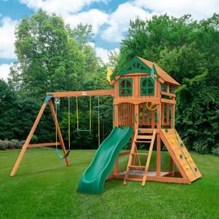 Gorilla Playsets DIY Outing III Wooden Outdoor Playset with Wood Roof Wave Slide Rock Wall Sandbox and Swing Set Accessories 01-1063