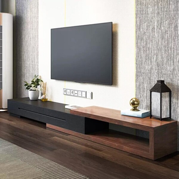 Modern Extendable White/Black TV Stand， Wood Media Console for Up to 70 Inch TV with 2 Drawers，78