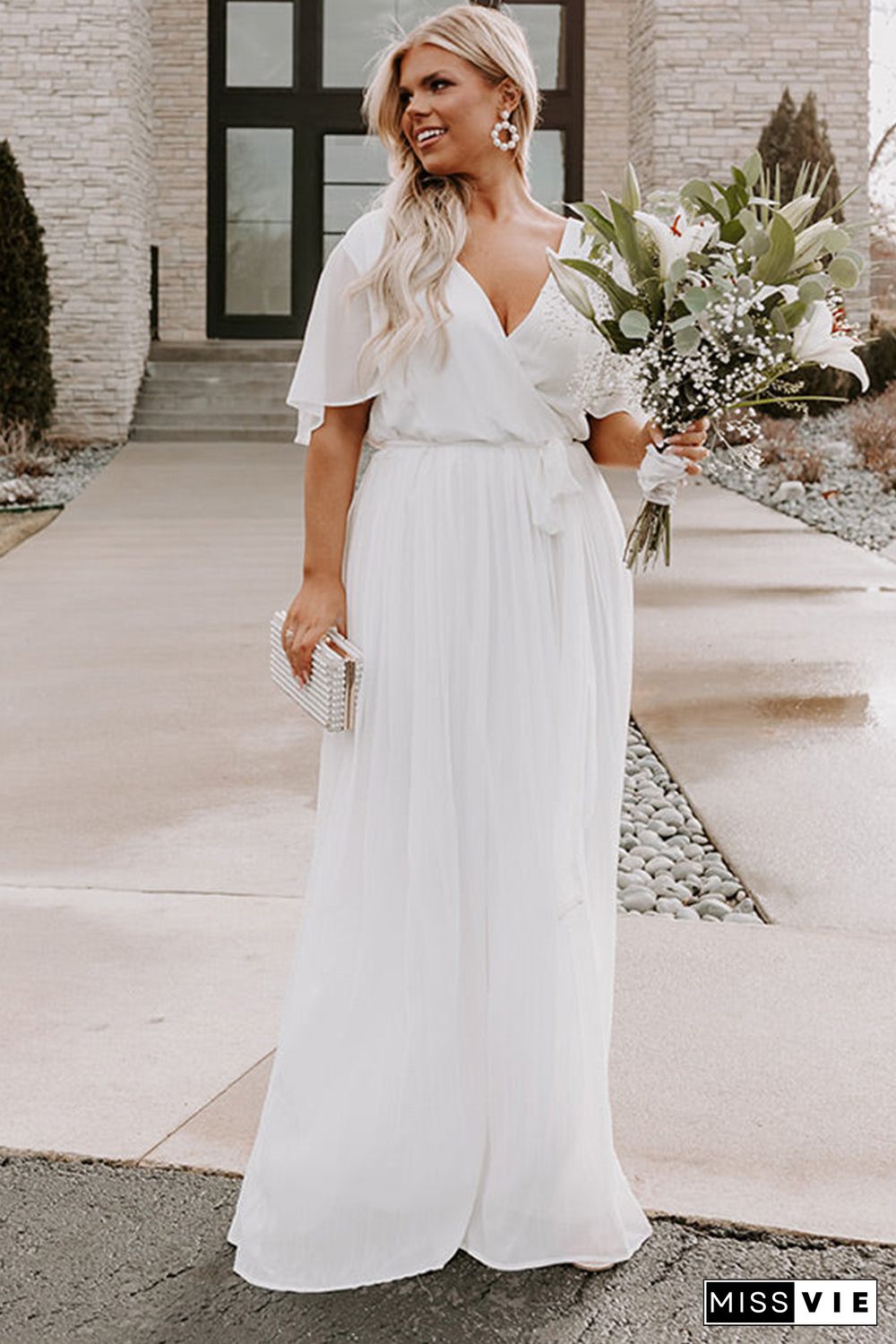 White Wrap V Neck Belted Plus Size Flowy Maxi Dress