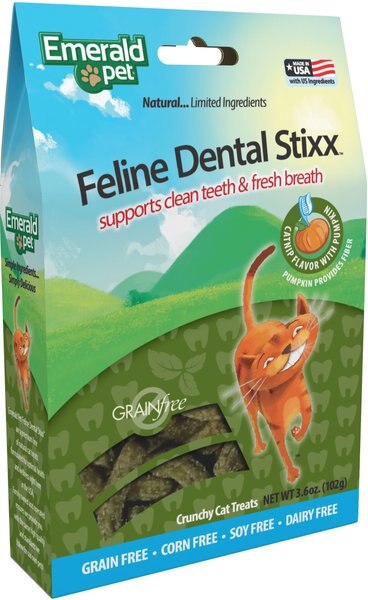 Emerald Pet Feline Dental Stixx Catnip Flavor With Pumpkin Grain-Free Dental Cat Treats， 3.6-oz bag