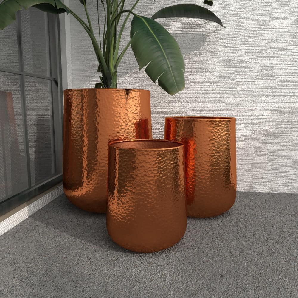 Litton Lane 13in. Medium Copper Aluminum Indoor Outdoor Planter with Hammered Details (3- Pack) 49684