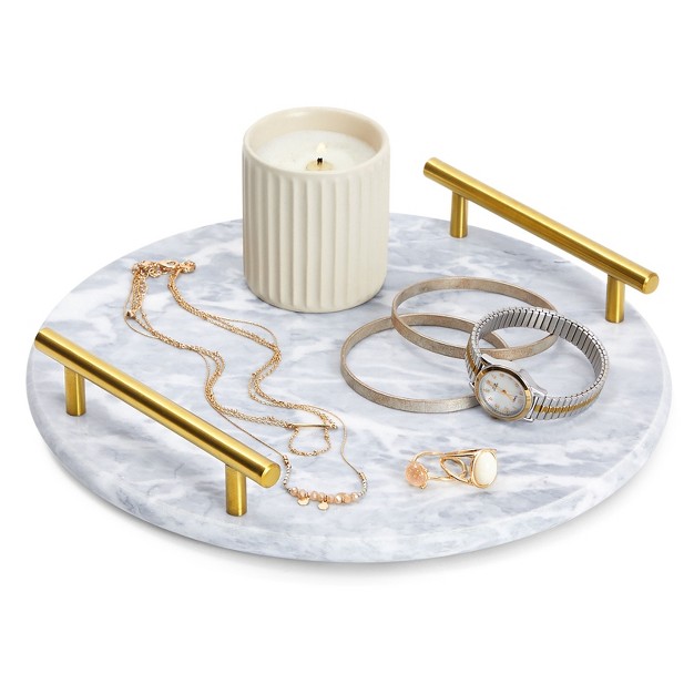 Juvale Round Marble Tray For Vanity With Handles White Marble And Gold Serving Board For Kitchen Home Decor Centerpiece Display 10 7x10 7x0 4 In