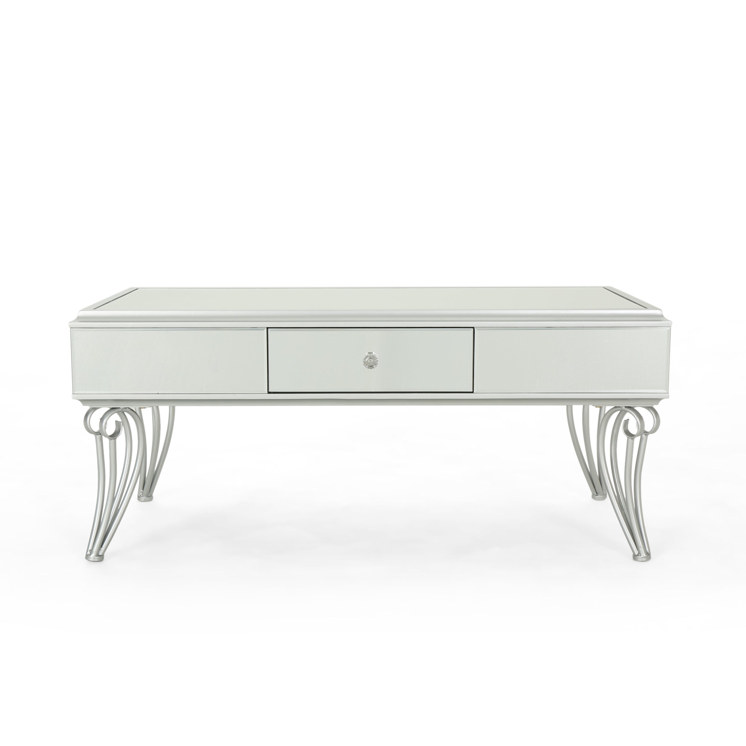 Ophelia Modern Mirrored Coffee Table with Drawer, Tempered Glass