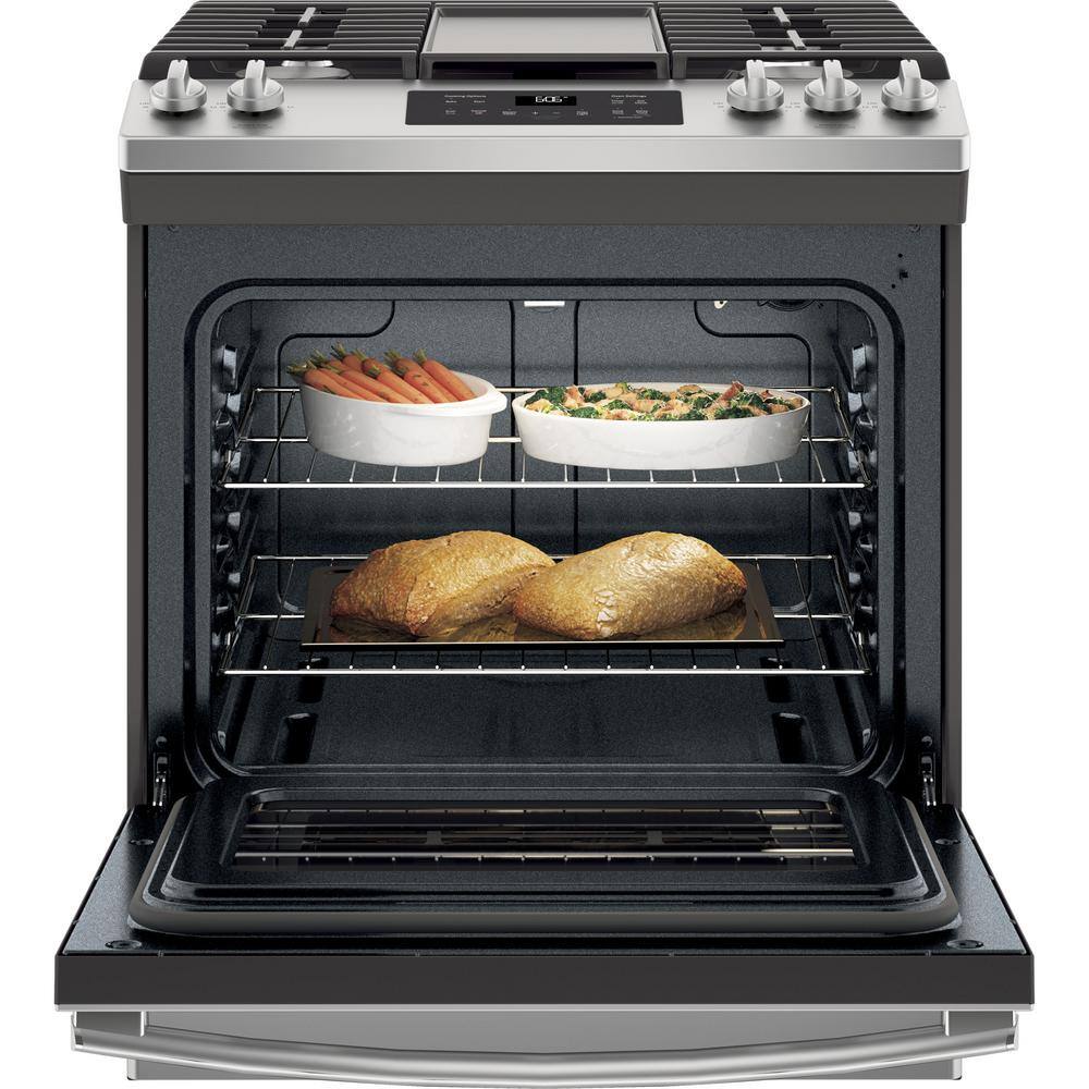 GE 30 in. 5.3 cu. ft. Slide-In Gas Range in Stainless Steel with Griddle JGSS66SELSS