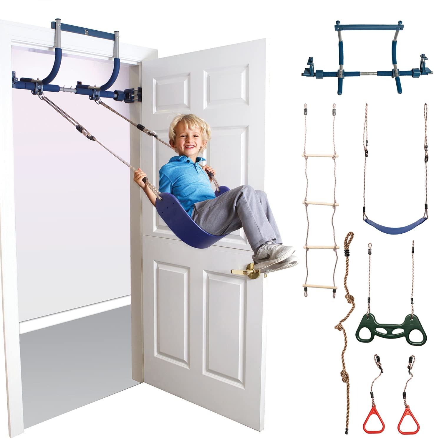 6 Piece Indoor Doorway Gym Set for Kids – Indoor Swing for Kids Includes Kids Swing Chair, Rings, Hanging Trapeze, Ladder, Swinging Rope & Pullup Bar