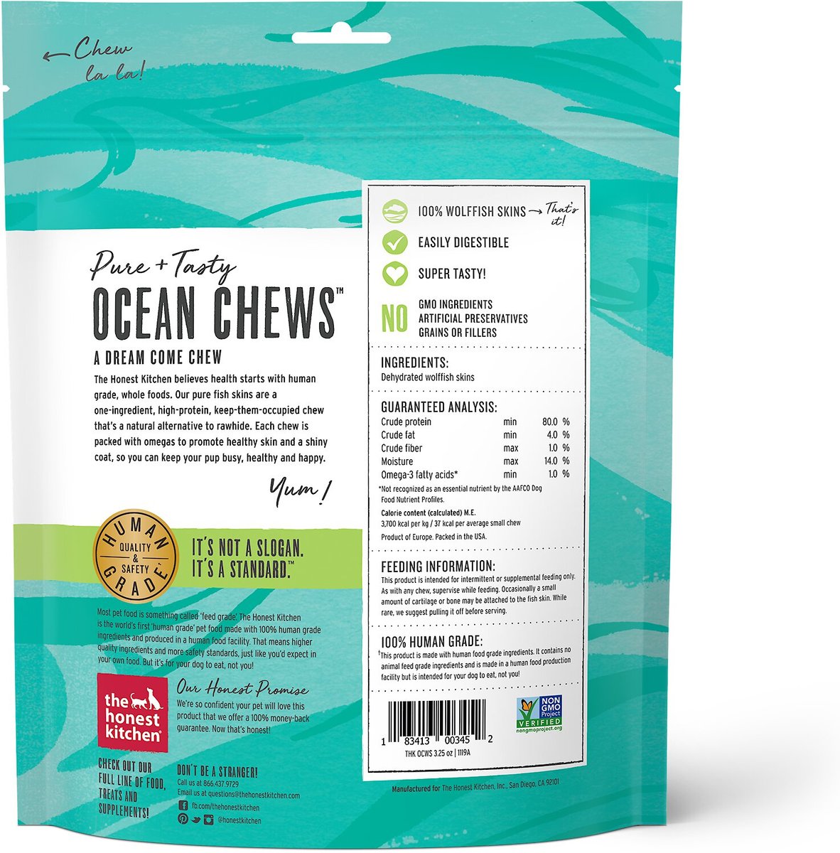 The Honest Kitchen Beams Ocean Chews Wolfish Skins Dehydrated Dog Treats， Small， 3.25-oz bag