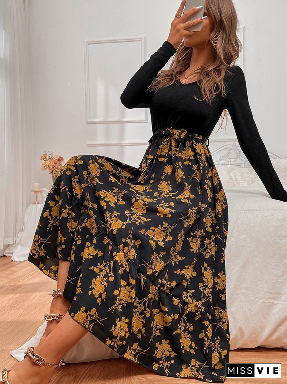 Women'S Dresses V-Neck Print Panel Long Sleeve Dress