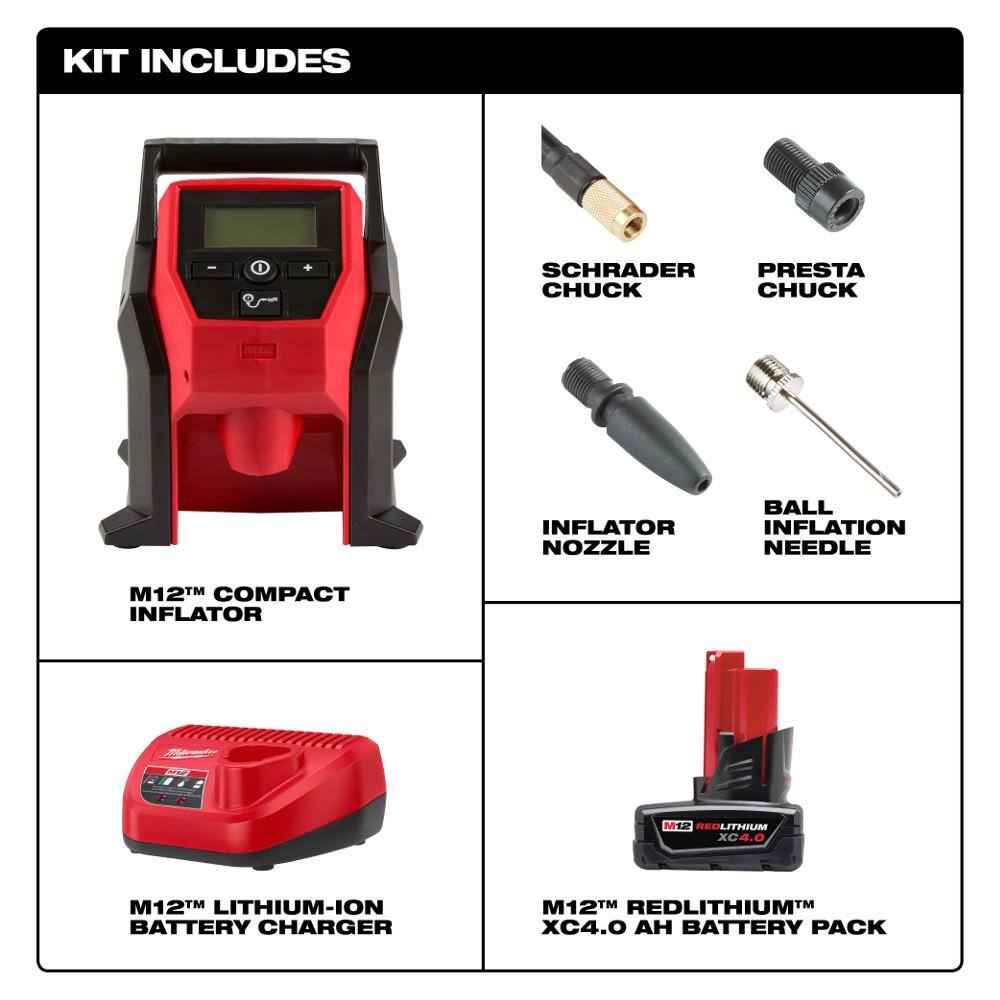 MW M12 Cordless Compact Inflator Kit w4.0 Ah Battery and Charger wM12 FUEL Cordless Stubby 38 in. Impact Wrench 2475-21XC-2554-20