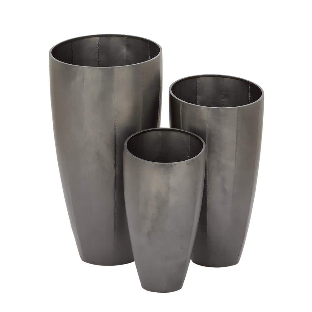 Litton Lane 15 in. x 30 in. Gray Metal Light Weight Planter with Tapered Base and Polished Exterior (Set of 3) 53360