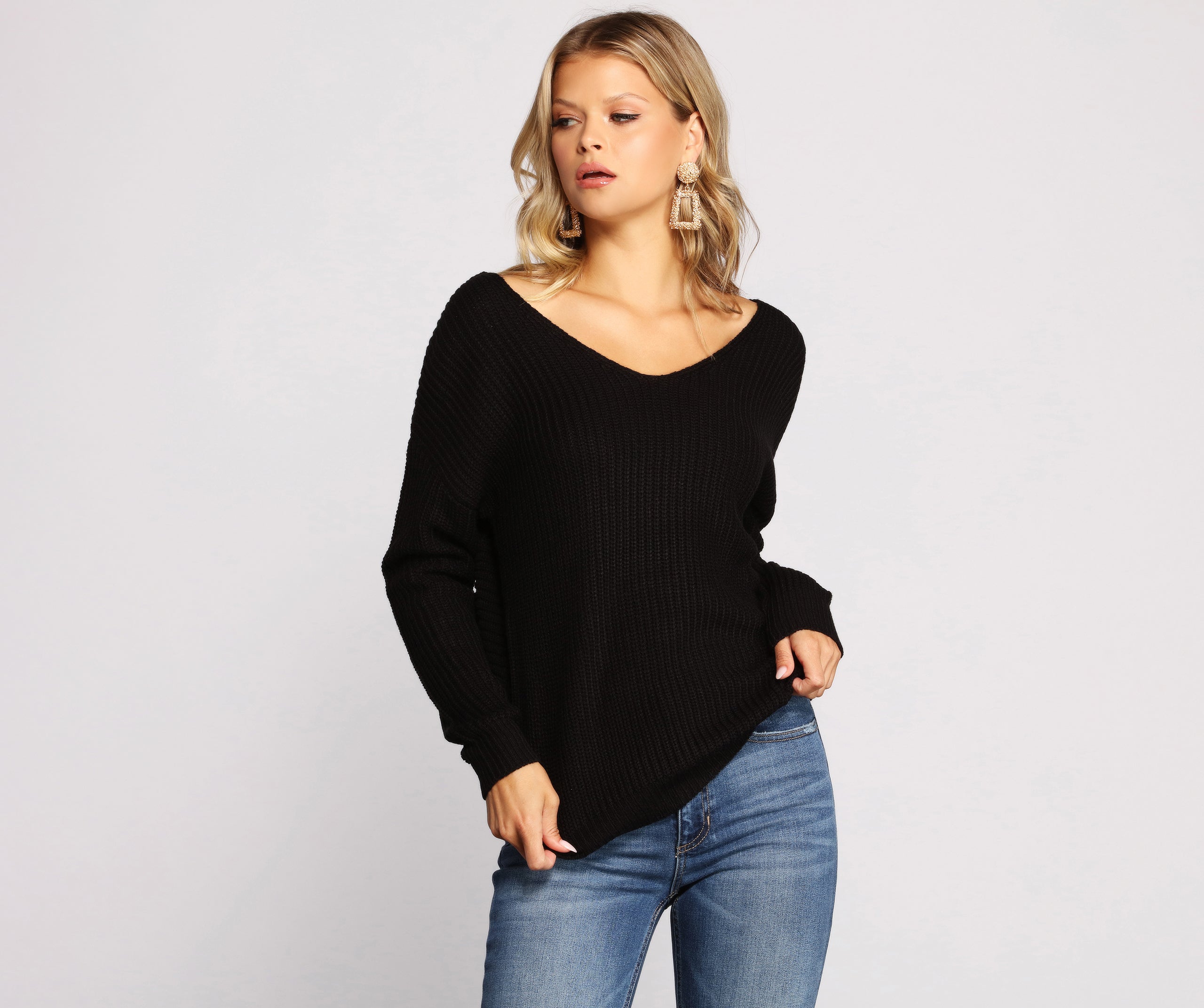 Trendy Knot Back V Neck Sweater